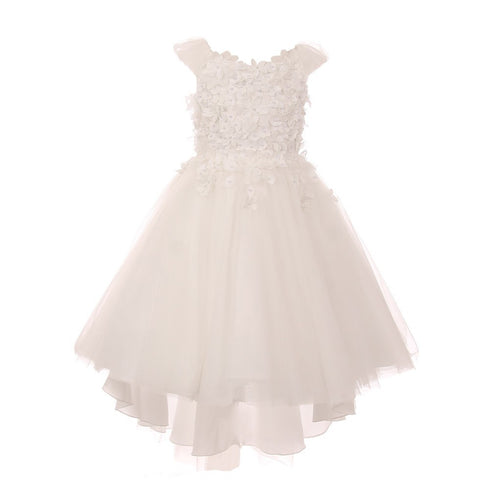 Little Girls Ivory 3D Flower Adorned Soft Tulle Hi-Low Flower Girl Dress 4-6 - SophiasStyle.com